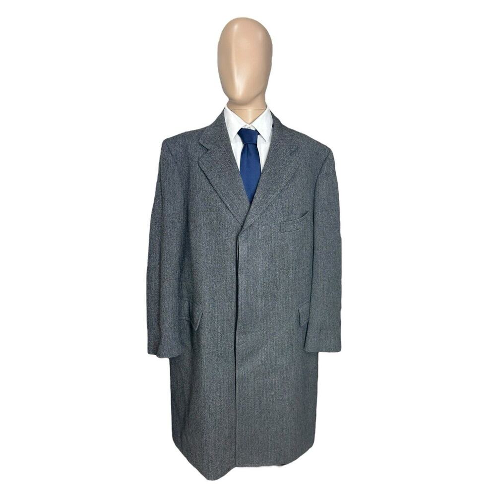 Jos A Bank Vtg Red Label Mens 48L 48 L Charcoal Herringbone Tweed Overcoat USA
